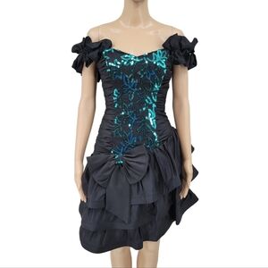 Nadine 80s Vintage Formal Prom Dress Black with Teal Sequins Size 5/6